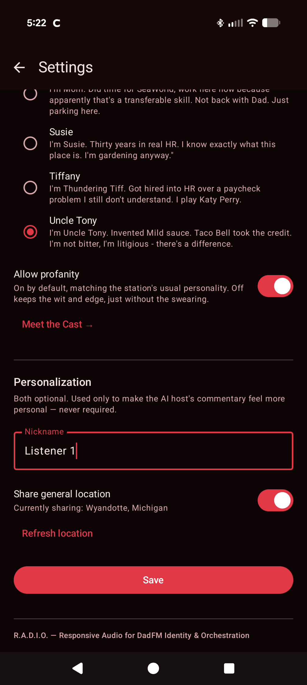 DadFM Android — Settings screen
